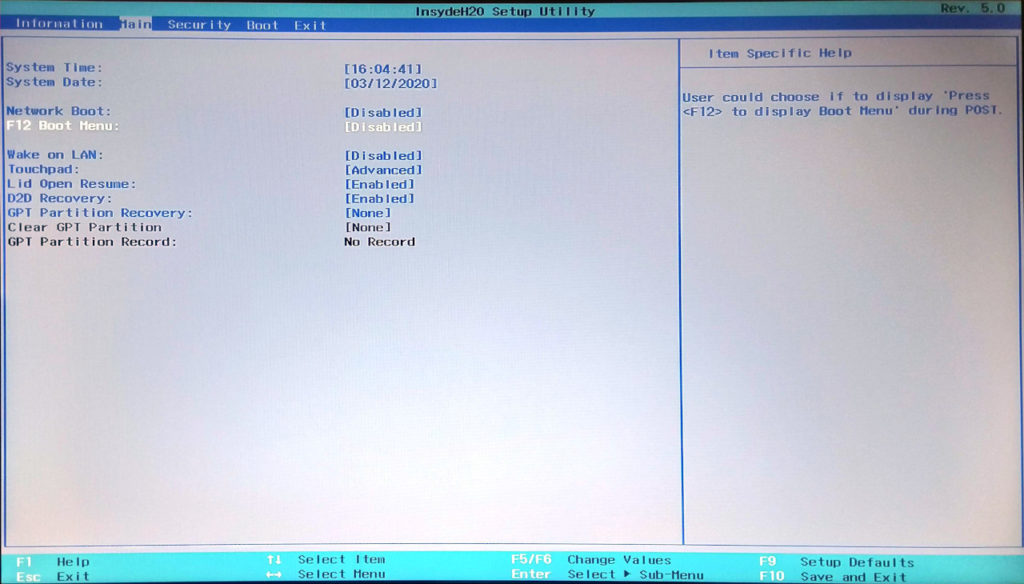 F12 boot menu disabilitato su EFI InsydeH20