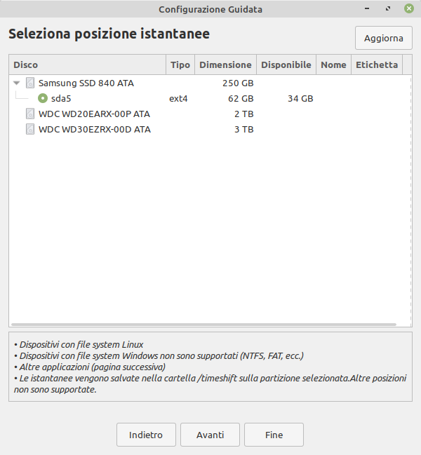 posizione istantanee Timeshift in Linux Mint