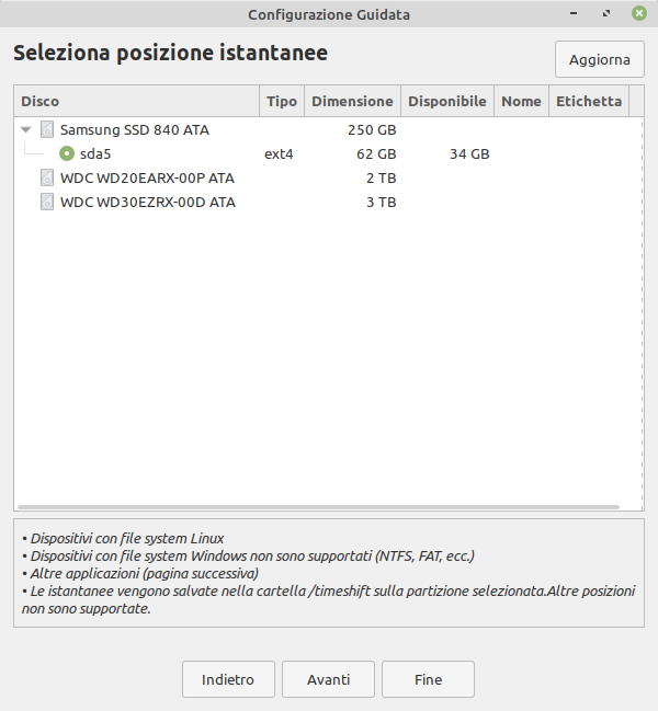 selezione posizione istantanee in timeshift