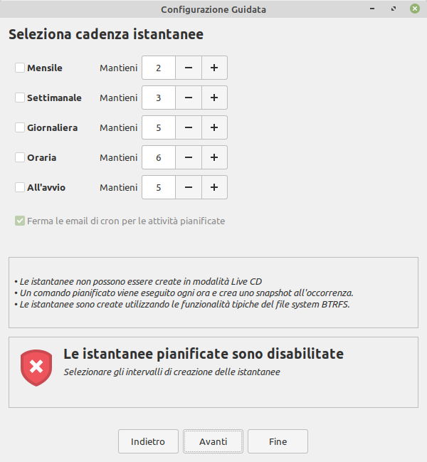 selezione della cadenza delle istantanee nella pianificazione dei backup