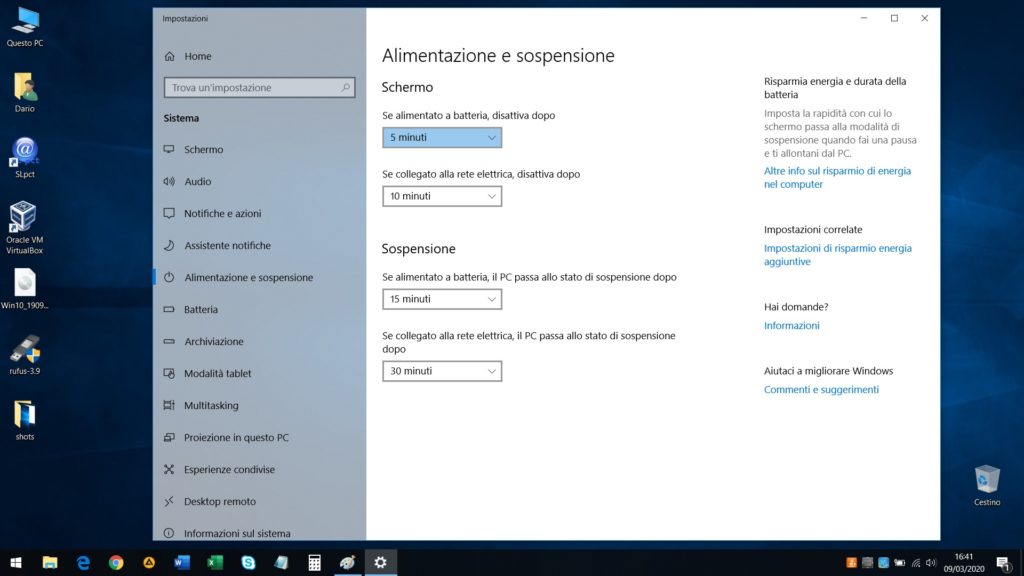 La finestra di impostazioni di alimentazione e sospensione