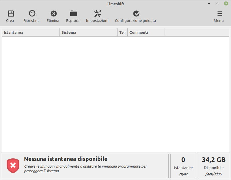 la finestra di Timeshift per impostare backup di sistema