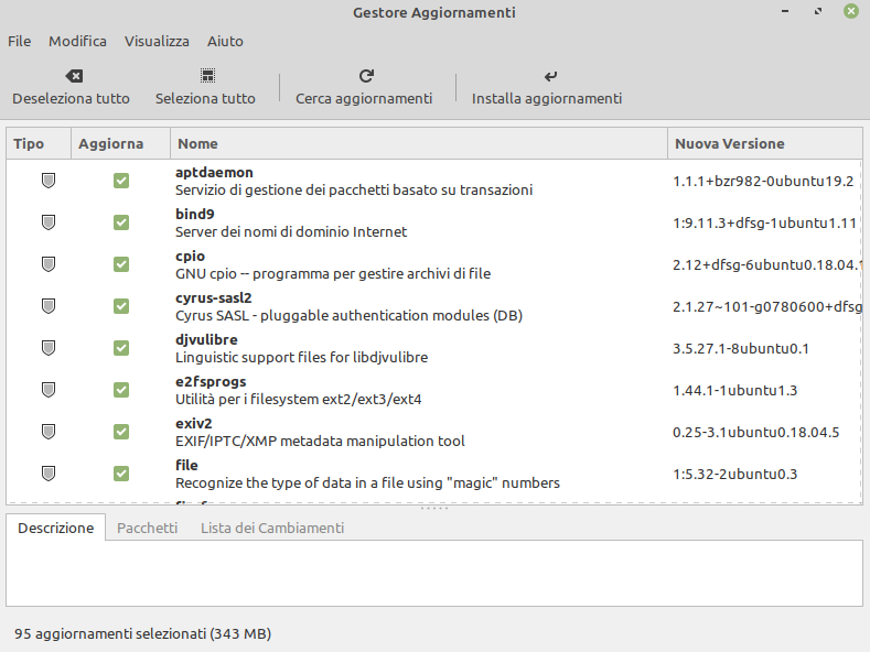 Elenco aggiornamenti disponibili per Linux Mint
