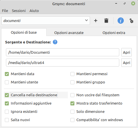 sessione grsync in Linux Mint