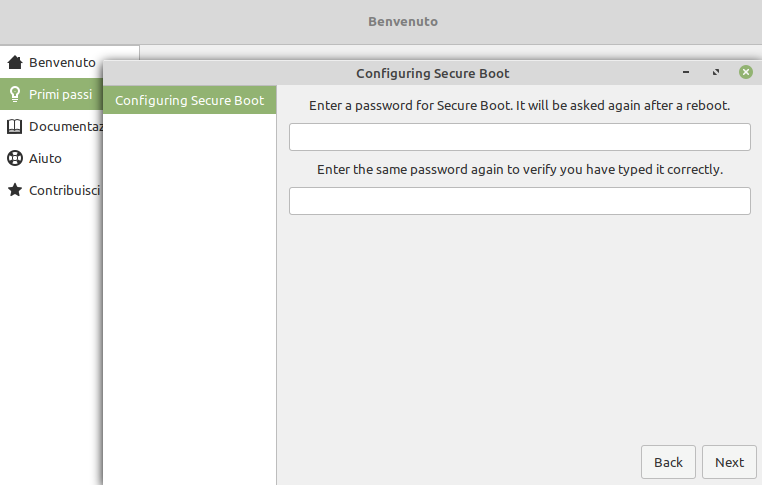 configurazione iniziale di Linux Mint. Password per la disattivazione del secure boot