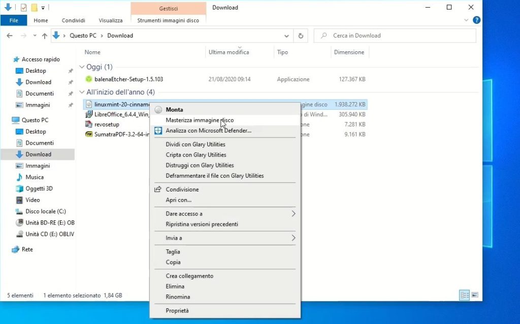 masterizza iso di Linux Mint in  windows 10