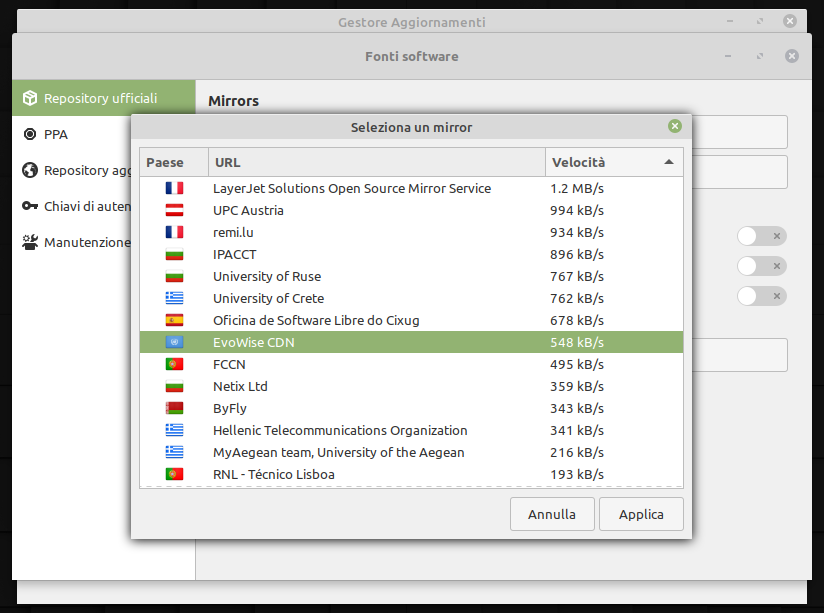 selezione di un mirror per gli aggiornamenti di Linux Mint