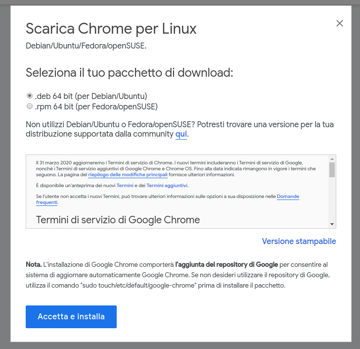 Scaricamento Chrome per Linux