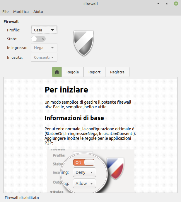 la finestra principale di del firewall in Linux Mint