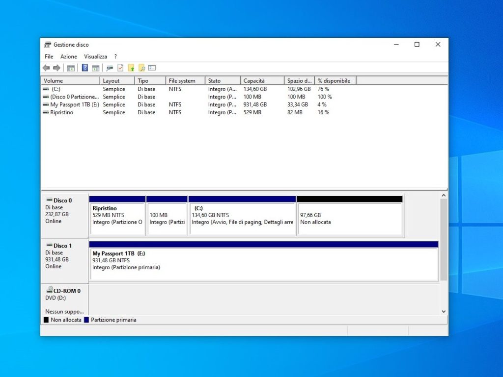 Lo schema delle partizioni in Gestione Disco