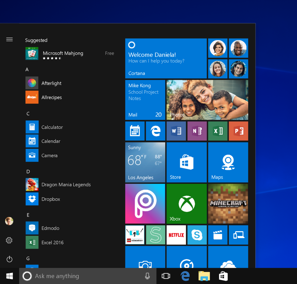 il menu start di windows 10