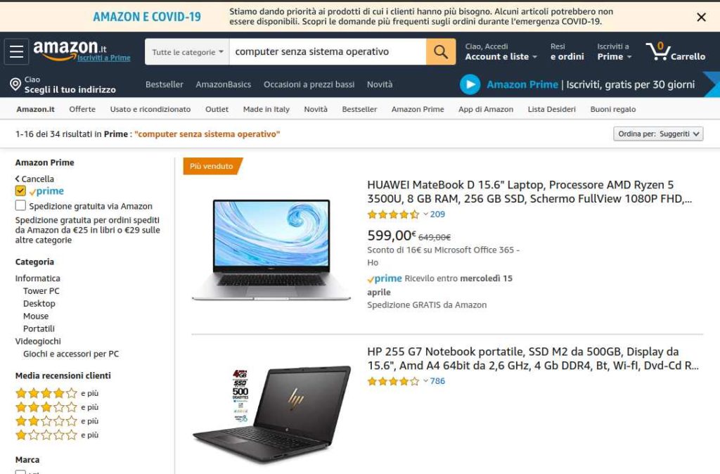 computer senza sistema operativo su Amazon Prime