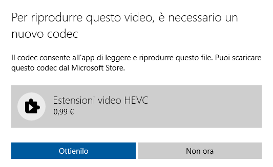 acquisto estensione HEVC in Windows 10