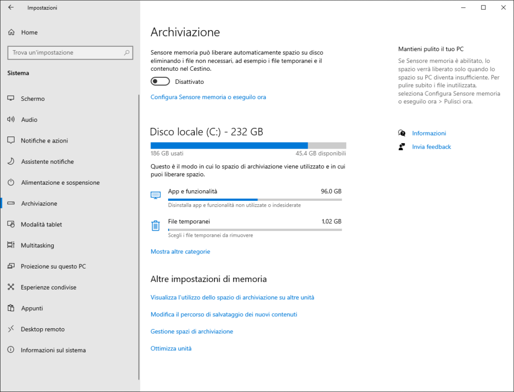 impostazioni di archiviazione in Windows 10
