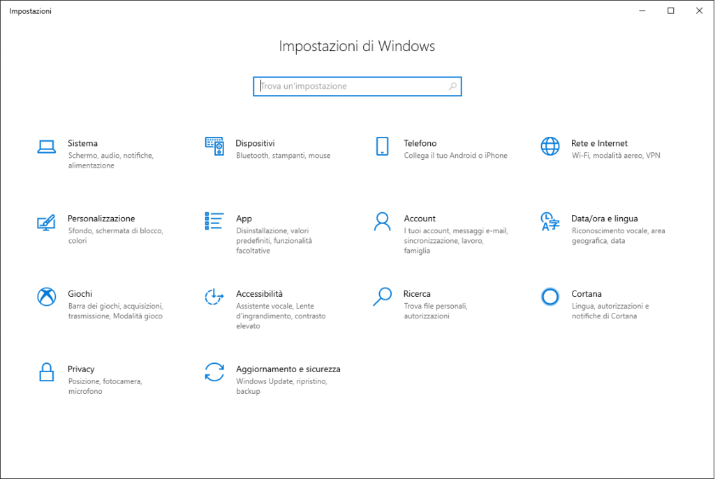 impostazioni di sistema di Windows 10
