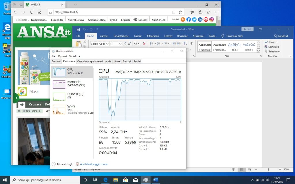 impiego di RAM con Windows 10 con Edge e Word aperti