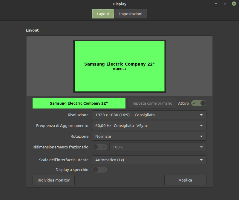 impostazioni monitor in Linux Mint 20