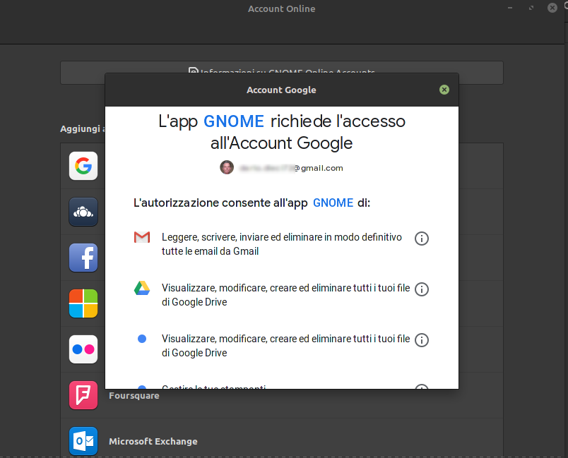 connessione ai servizi google drive mail etc in linux mint