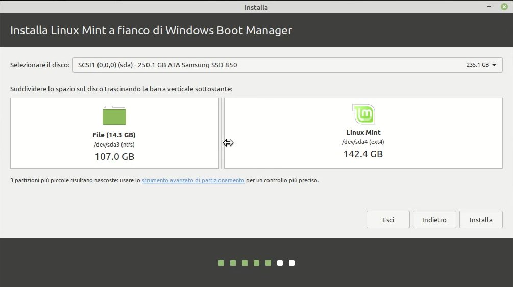 allocazione spazio per installazione Linux Mint