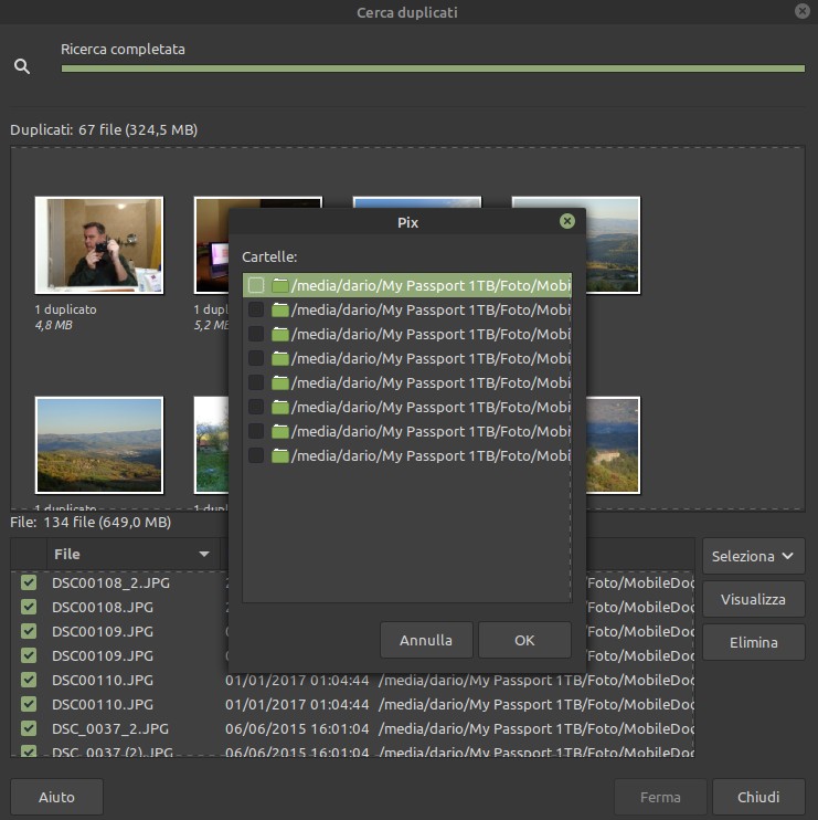 slelezione per cartella dei file doppioni trovati da Pix