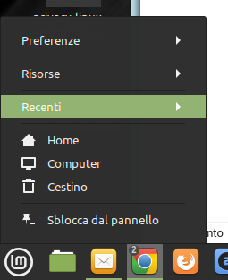 file recenti nel menu contestuale di un'icona nel pannello
