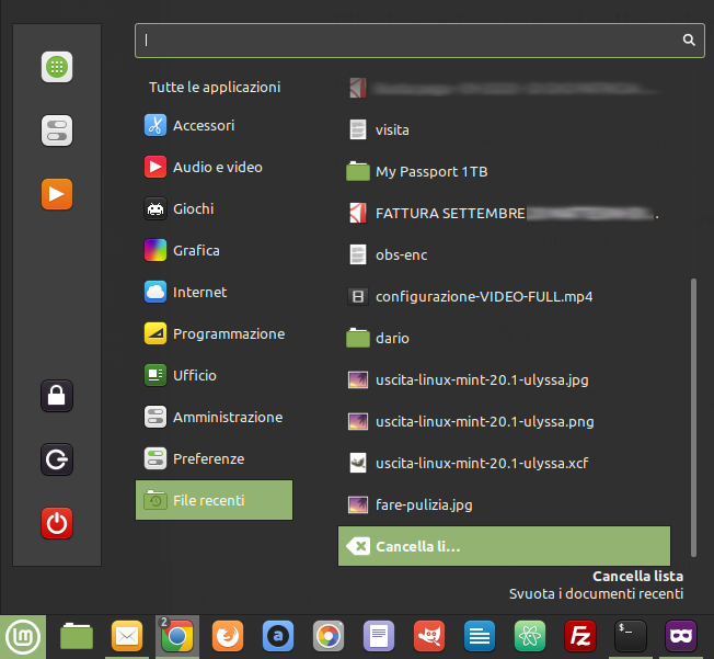 File recenti nel menu di Linux Mint Cinnamon
