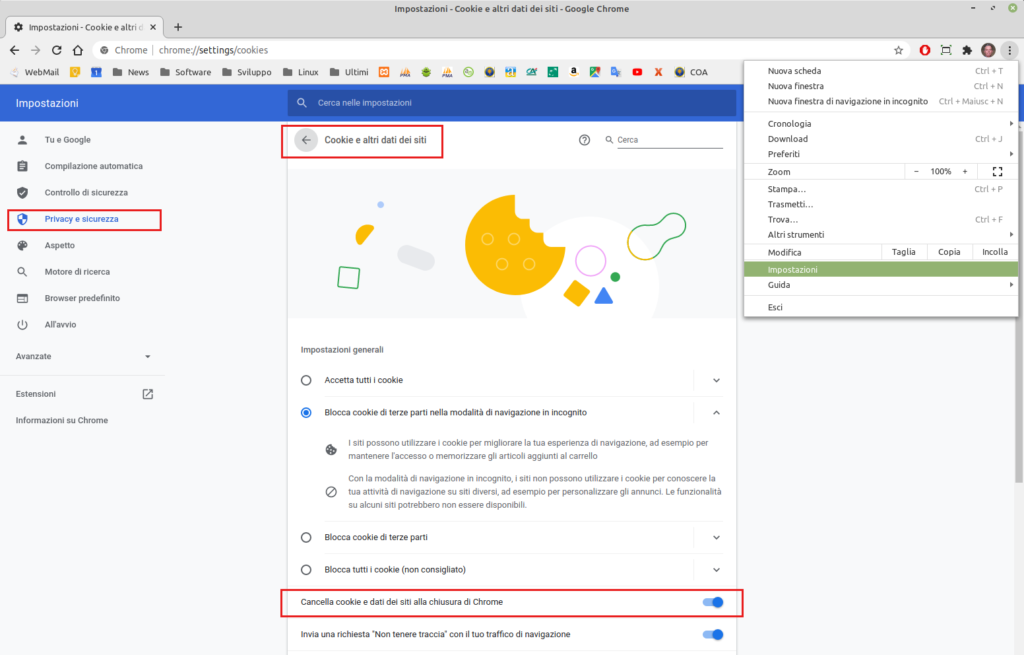 impostazioni privacy per la pulizia di Google Chrome in Linux Mint