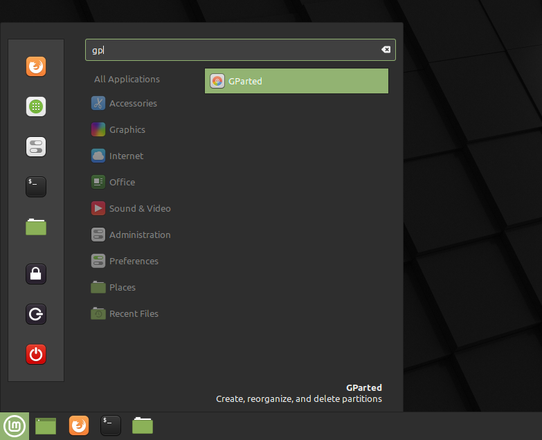 avvio gparted in Live USB Linux Mint