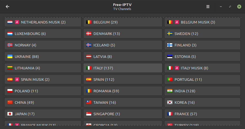 elenco paesi IPTv Hypnotix Linux Mint 20.1