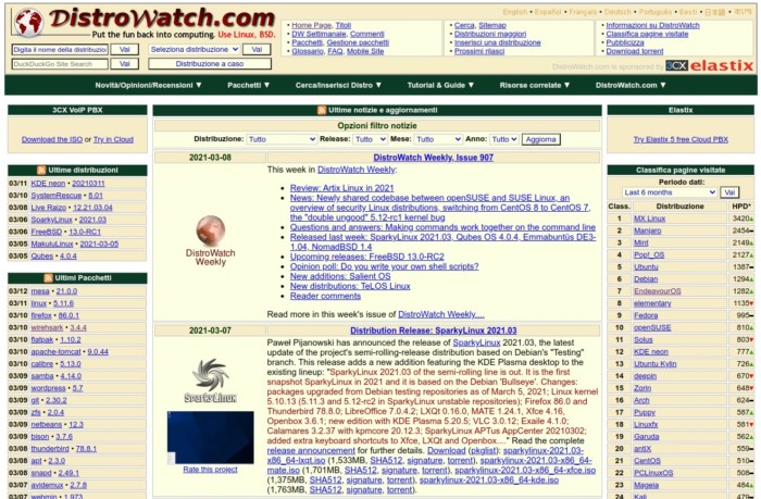 screenshot della homepage di distrowatch