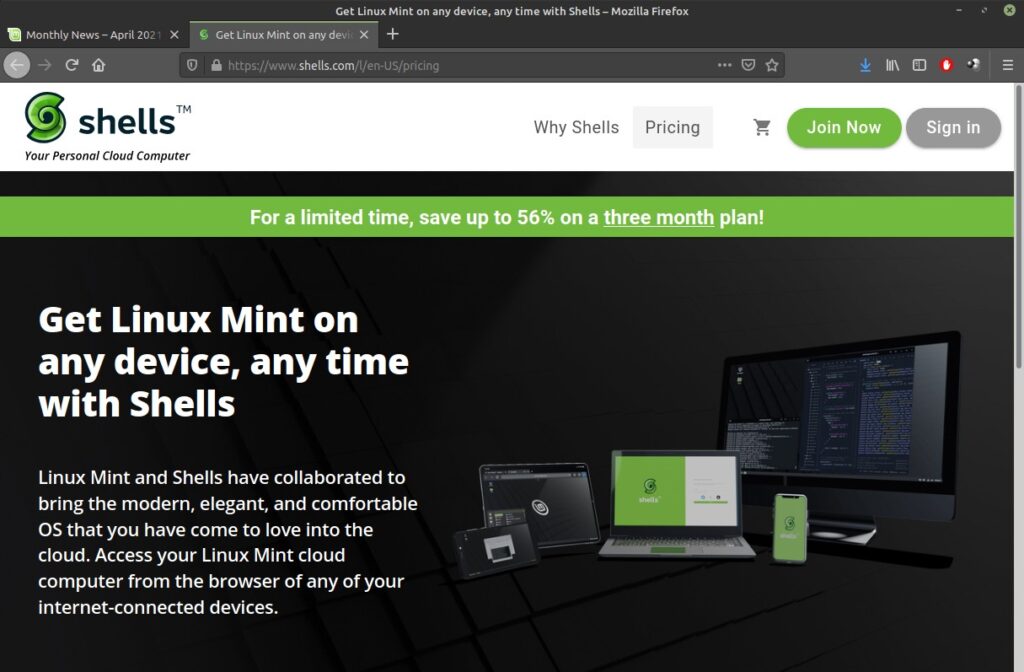 Linux Mint su shells.com per l'uso su tablet, smartphone e via web tramite cloud