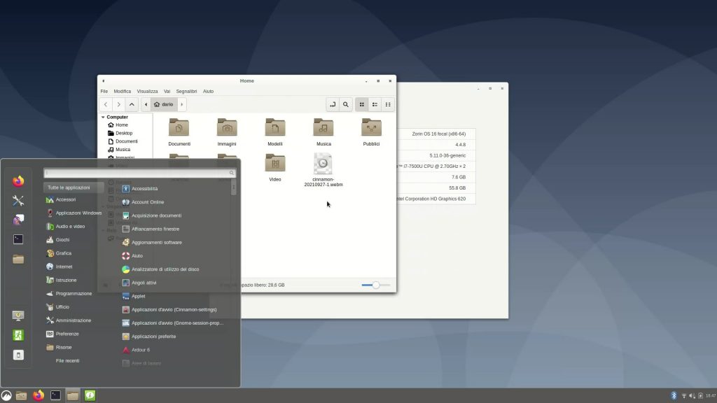 L'ambiente Cinnamon installato in Zorin OS 16 Pro
