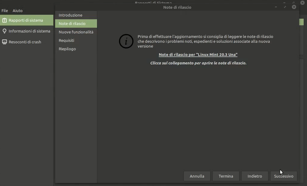 procedura aggiornamento a Linux Mint 20.3 Una