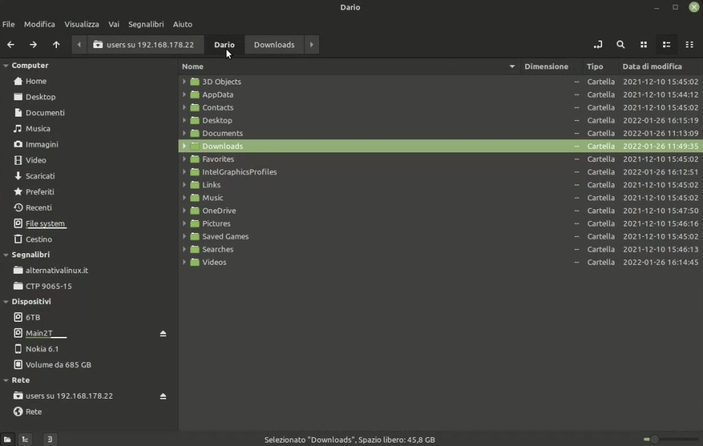 Linux Mint connesso in rete con cartelle Windows