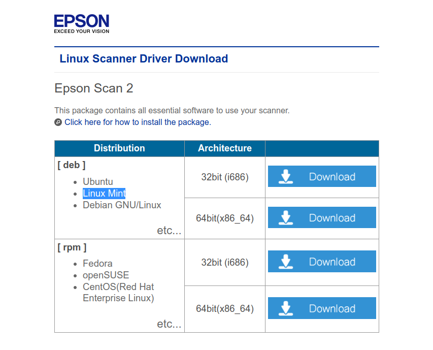 Pagina di download dei driver Epson per scanner in Linux