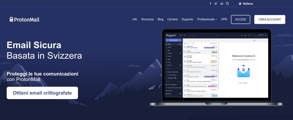 homepage di ProtonMail