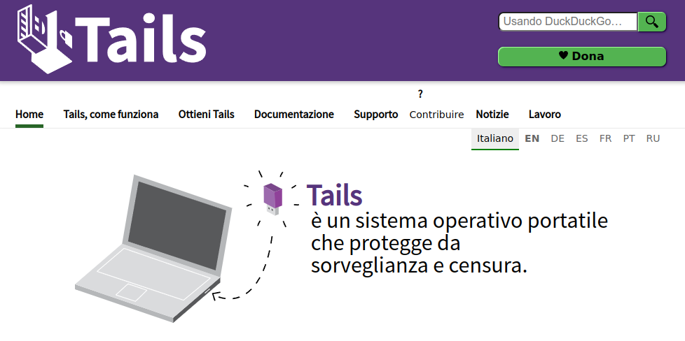 Homepage di Tails OS Linux