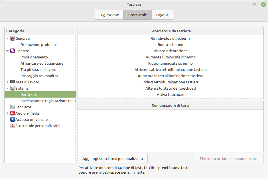 impostazioni tastiera scorciatoie Linux Mint