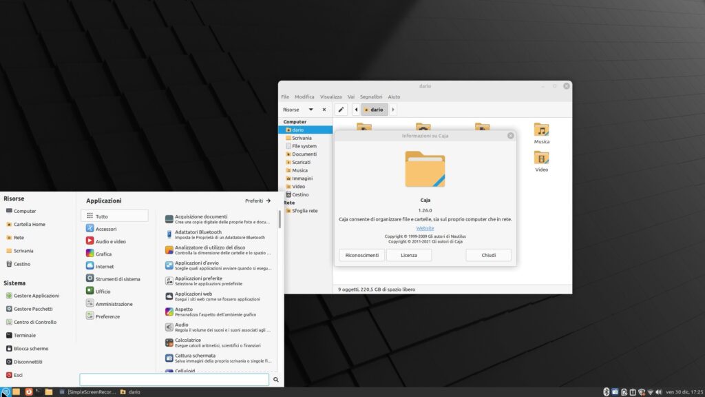 Desktop, menu e file manager di Linux Mint 21.1 MATE