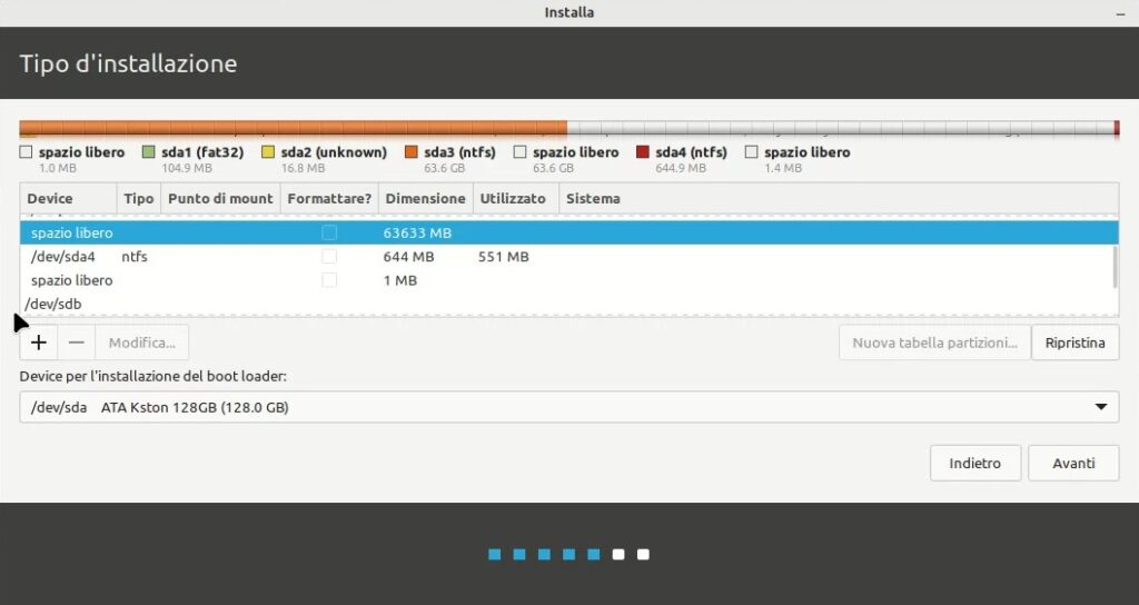 Identificazione dello spazio libero in Gparted per l'installazione di Linux