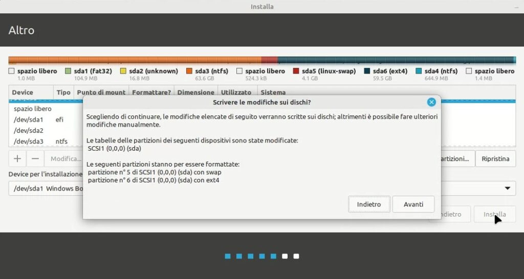Conferma dei partizionamenti con Gparted per l'installazione di Linux MInt
