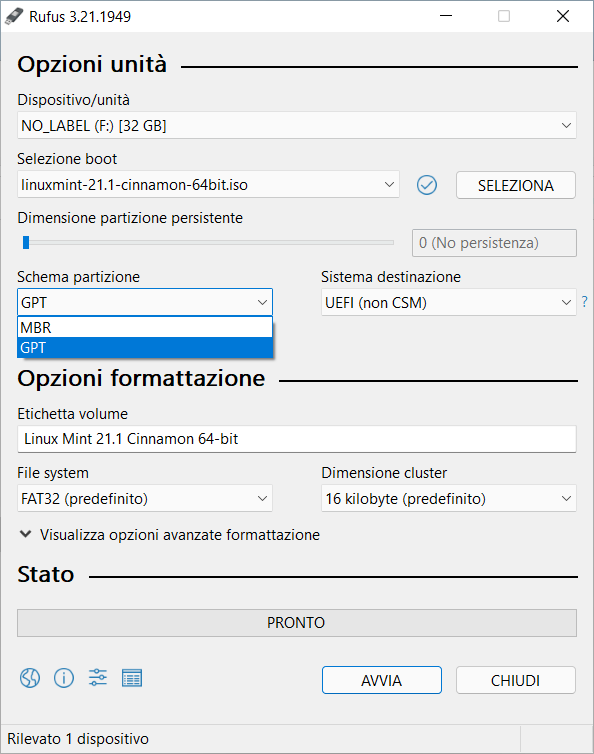 Preparazione di supporto di installazione USB di Linux Mint con Rufus