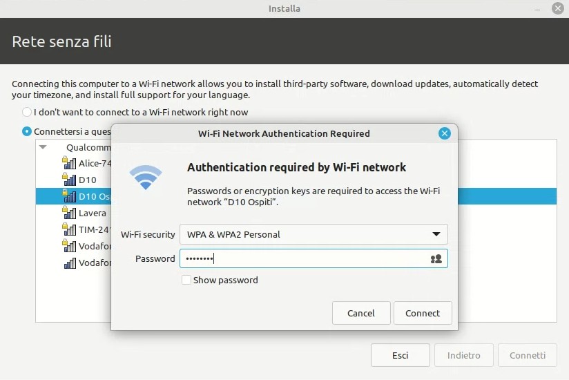 Connessione alla rete Wifi nell'installazione di Linux Mint