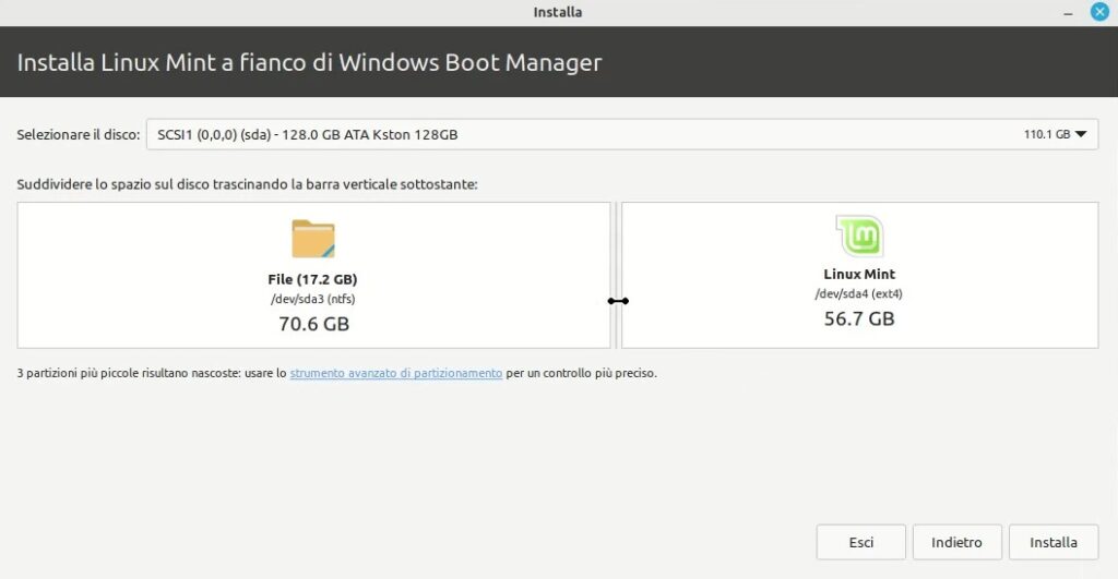 Ridimensiona partizione Windows in installazione Linux Mint