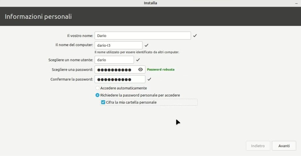 Dati utente, cifratura home installazione Linux Mint