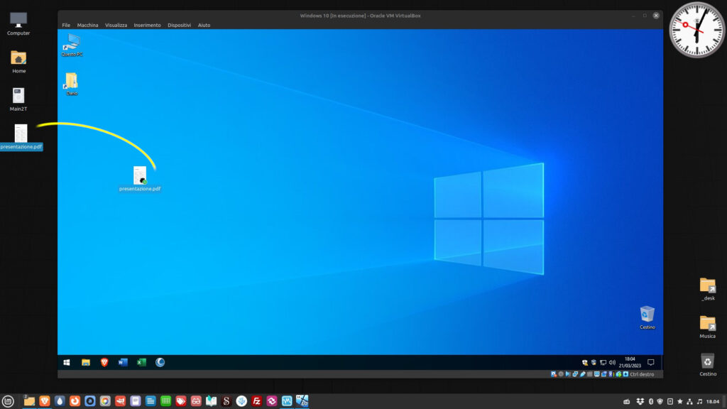 Trascinamento di un file dal desktop di Linux Mint a quello di Windows 10 in VirtualBox