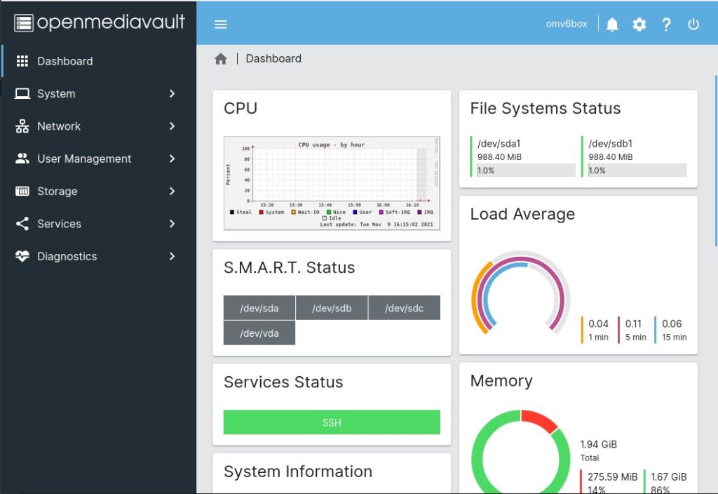 La dashboard di OpneMediaVault 6