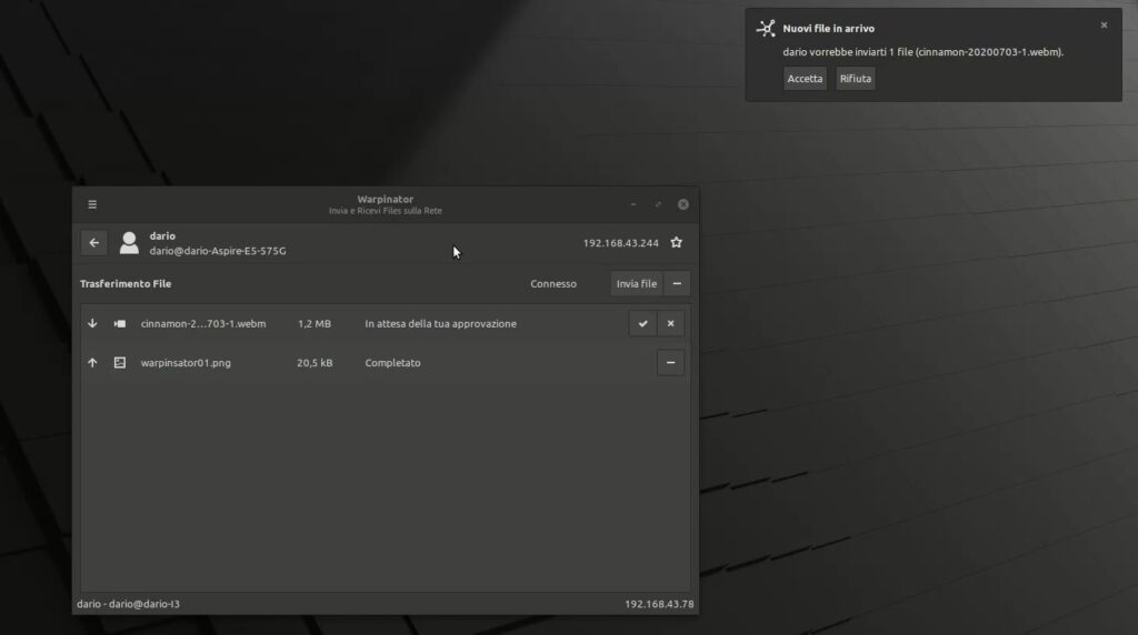 Utilizzo di Warpinator in Linux Mint