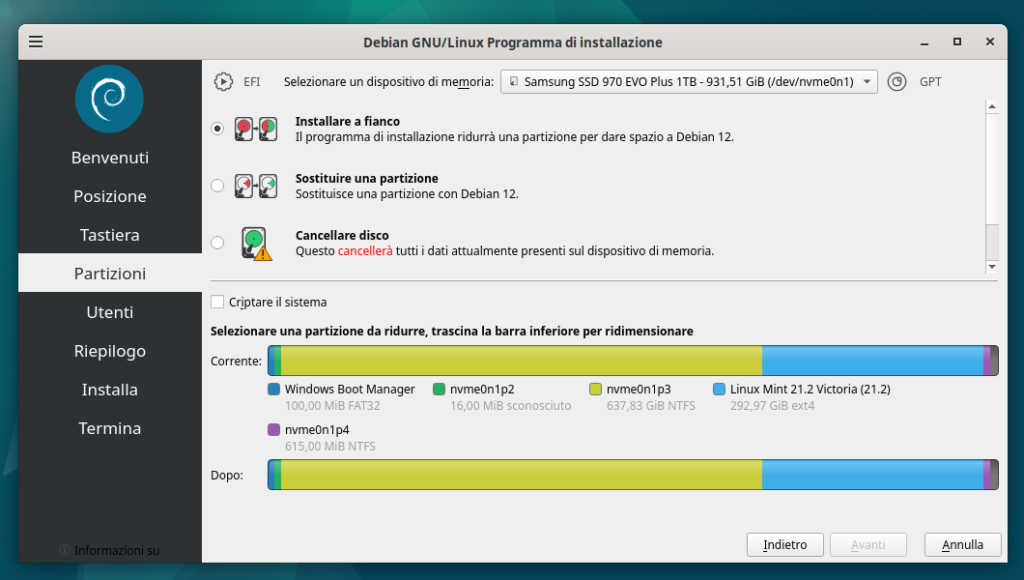 cChermata di partizionamento nell'installazione di Debian 12