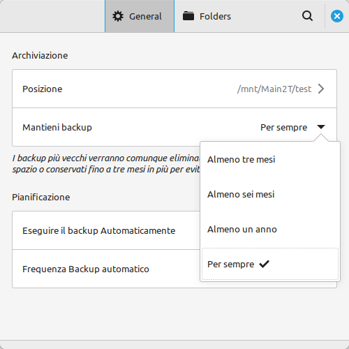 Impostazioni di mantenimento dei backup di Deja Dup